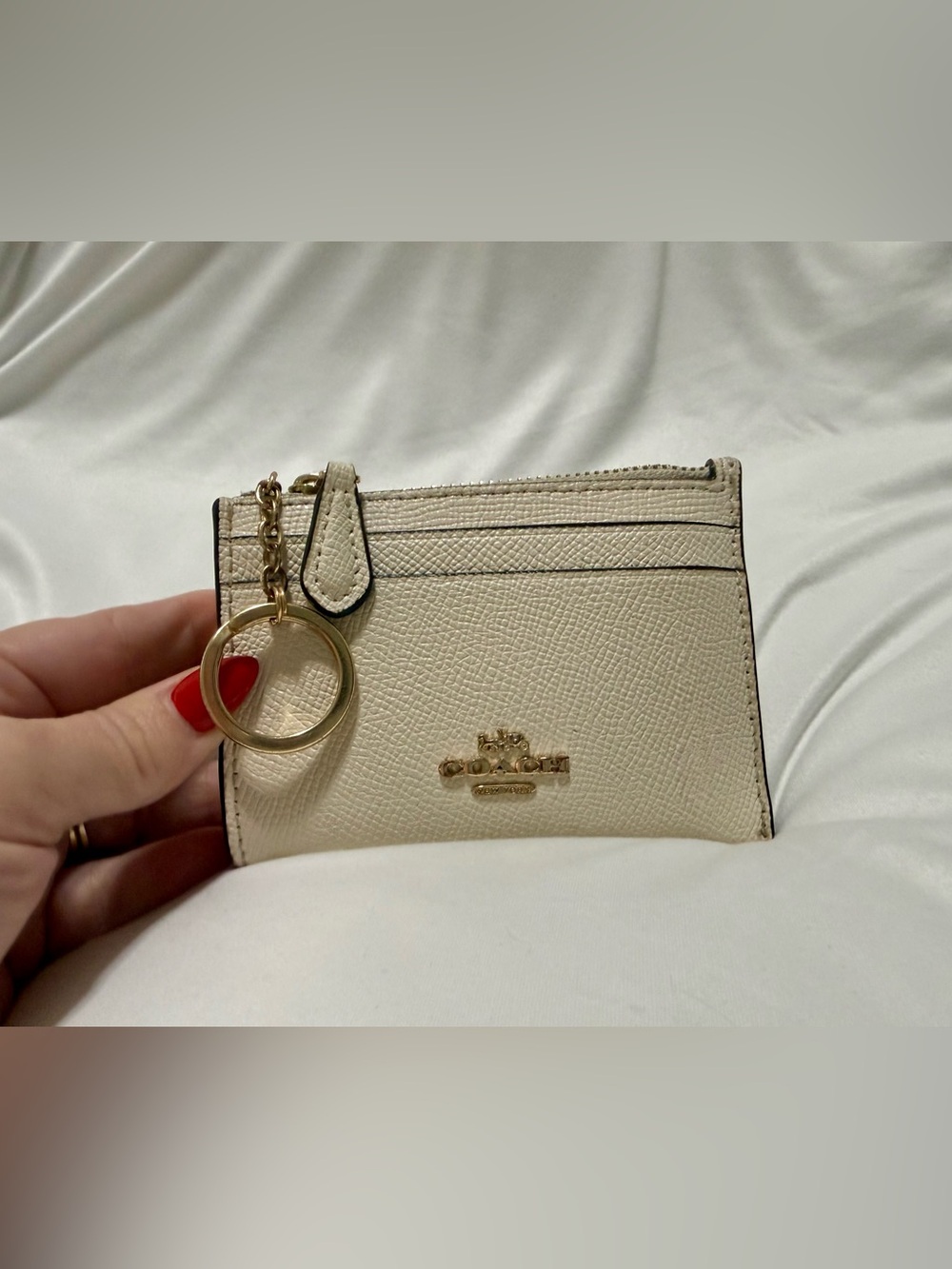 Coach Cream Leather Card Holder with Gold Key Ring